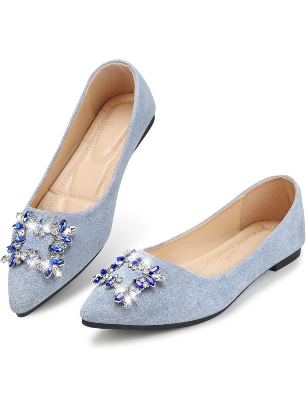 Women's 04-Wathet Pointed Toe Pearl Flat Comfort Non Slip Soft Sole Office Shoes